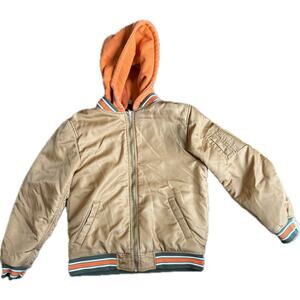 Boys Youth 10-12 bomber jacket with hood. Small repair. May be reversible.